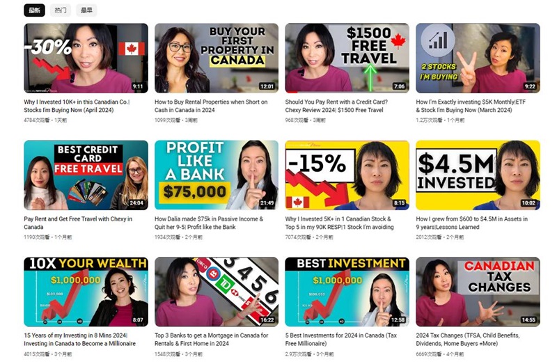 加拿大金融类youtube尾部博主达人频道内容